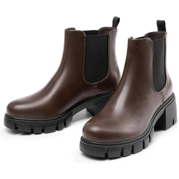 Dream Pairs Womens Brown Polyurethane (PU) Slip On Chunky Platform Ankle Boots - Picture 4 of 8